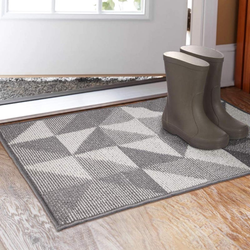 Aoonby Indoor Doormat 20"x 32", Absorbent Front Back Door Mat, Rubber Backing Non Slip Floor Mats Inside Mud Dirt Trapper Outside Entrance Front Door Rug Carpet, Machine Washable Low Profile - Grey Geome - Image 1